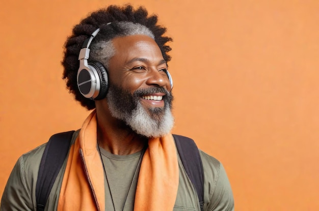 Portrait Cheerful African American Bearded Man Listening To Music On Headphones In Studio On Orange Background