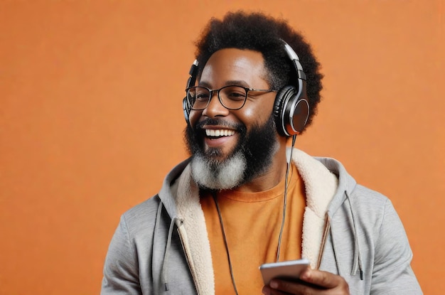 Портрет веселого афроамериканского бородатого мужчины, слушающего музыку на наушниках в студии на оранжевом фоне