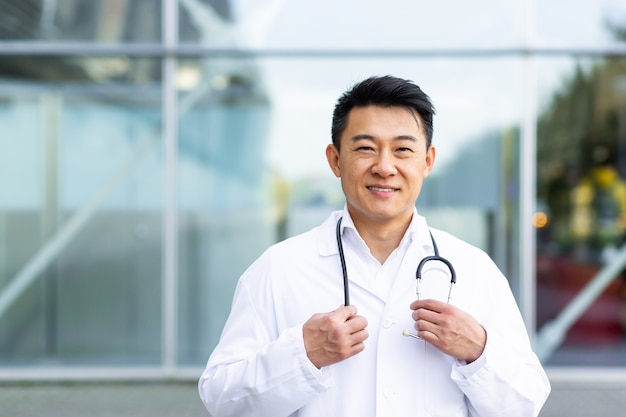 Portrait of a cheerful asian doctor man smiling on the background of a modern clinic outdoors