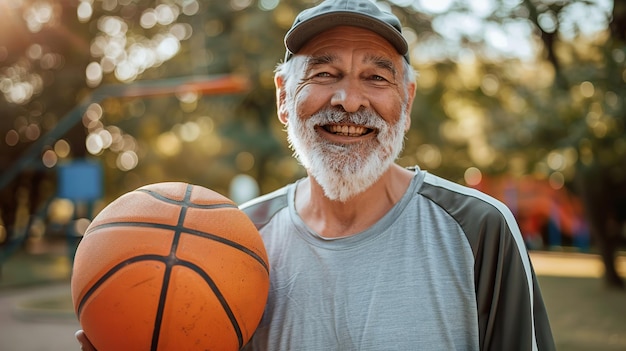 Portrait of cheerful and attractive senior man in sport outfit holding basketball ball outdoor