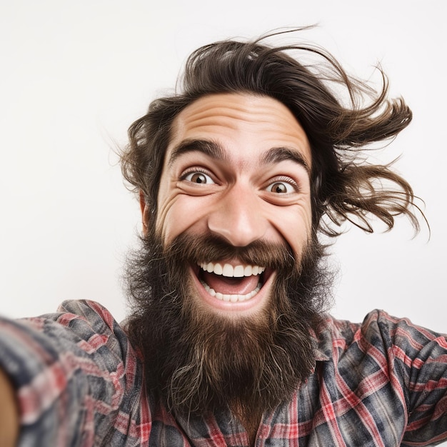 Portrait of a cheerful bearded man taking selfie