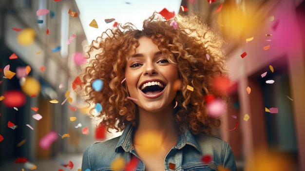 Portrait of a cheerful beautiful girl standing under confetti rain and celebrating over blurred background Created with Generative AI technology