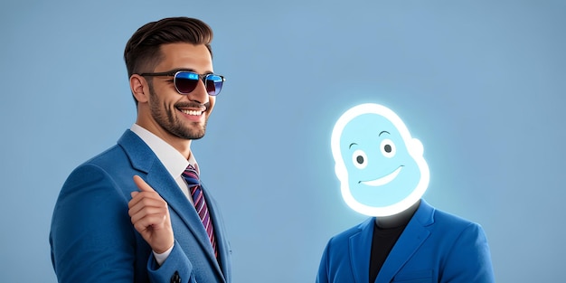 Photo portrait of cheerful businessman pointing at copy space for advertising against blue background