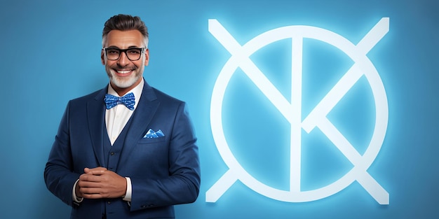 Portrait of cheerful businessman pointing at copy space for advertising against blue background