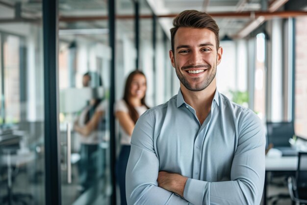 A portrait of a cheerful businessman standing in a conference room with his arms crossed