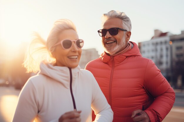 Photo portrait of cheerful caucasian couple running outdoors
