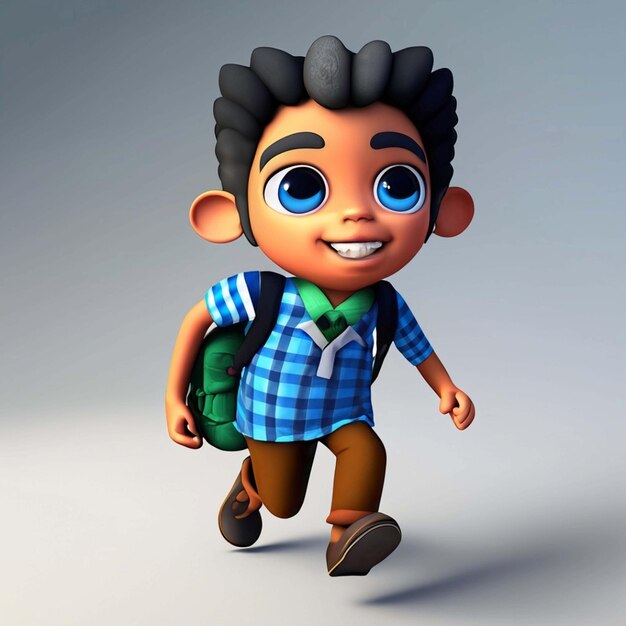 Portrait of cheerful cute schoolboy with backpack running on blue background