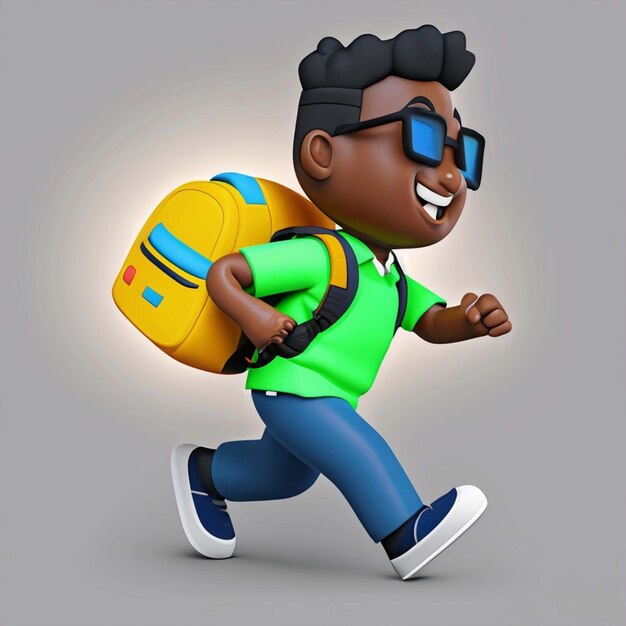 Portrait of cheerful cute schoolboy with backpack running on blue background