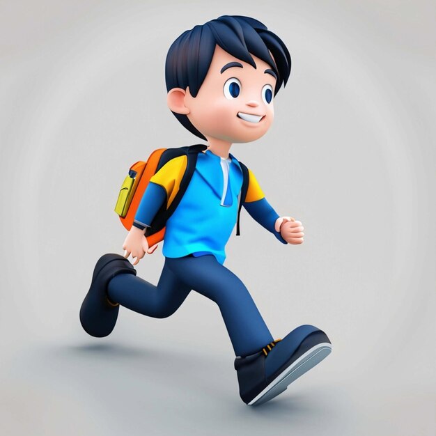 Portrait of cheerful cute schoolboy with backpack running on blue background