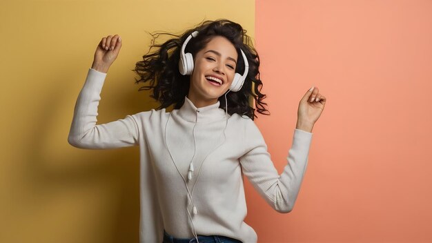 Portrait of a cheerful cute woman listening music in headphones and dancing on a white background