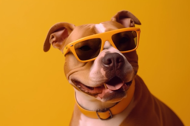 Portrait of a cheerful dog in sunglasses reflecting a carefree holiday in a summer outfit ready for a beach holiday posing on a yellow background pet generative ai