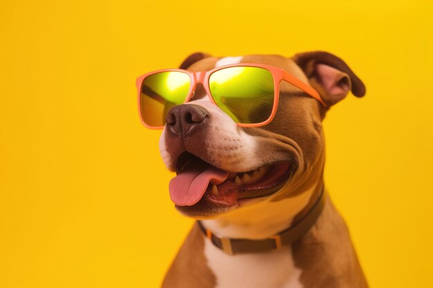 Портрет веселой собаки в солнцезащитных очках, отражающей беззаботный отдых в летнем наряде, готовой к пляжному отдыху, позирующей на желтом фоне.