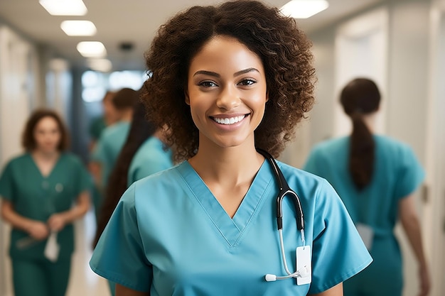 Portrait of a Cheerful Female Doctor in Medical Attire Generative AI