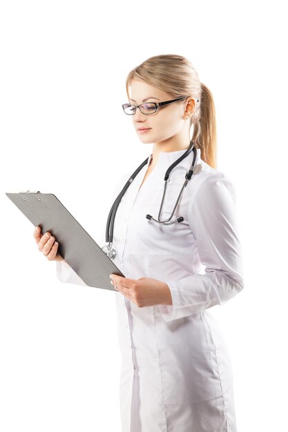 Portrait of cheerful female doctor with clipboard over white