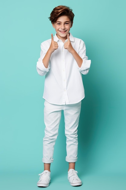 Portrait of cheerful friendly boy wear stylish white clothes isolated on cyan color background