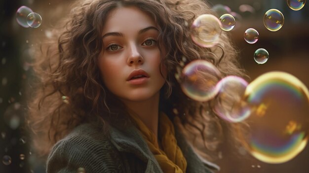 Foto ritratto di una ragazza allegra che soffia una bolla di sapone all'esterno realizzato da ai generativa