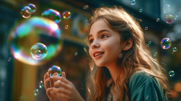 Photo portrait of a cheerful girl blowing soap bubble in outside made by generative ai