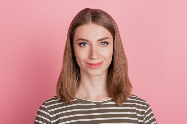 Portrait of cheerful lovely pretty lady look camera dream concept on pink background