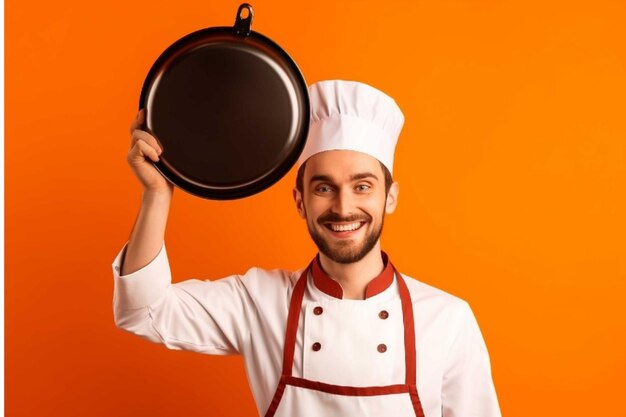 Portrait of a cheerful male chef holding a frying pan over orange background