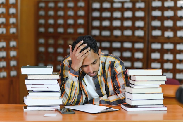 Portrait of cheerful male international Indian student with backpack learning accessories standing near bookshelves at university library or book store during break between lessons Education concept