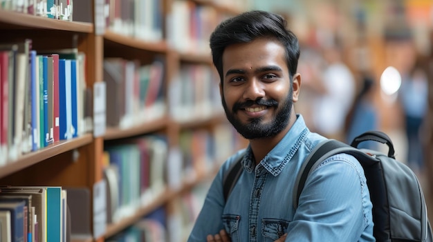 Portrait of cheerful male international Indian student with backpack learning accessories standing near bookshelves at university library or book store during break between lessons Education concept