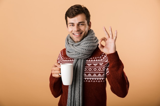 Ritratto di un uomo allegro vestito di maglione e sciarpa