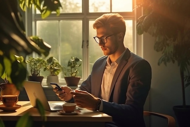 Portrait of a cheerful man using smart phone at home office Generative AI