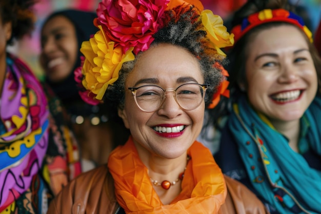 Photo portrait of cheerful mixed age range multi ethnic women celebrating international womens day