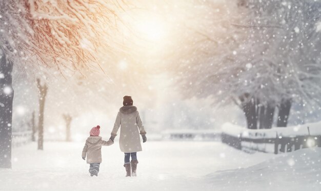 portrait of cheerful mother and little kid together in winter park when snow falls copy space