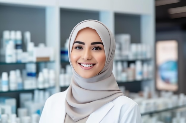 Portrait of a cheerful Muslim pharmacist girl in gray hijab against a background of medicines