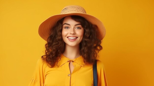 Portrait of cheerful pretty cute lady wear stylish clothes demonstrate empty space summer discount isolated on yellow color background Generative AI