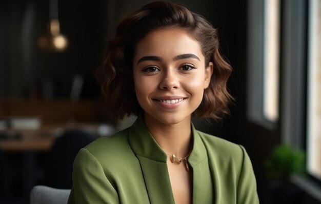 Portrait of cheerful satisfied lady on green cloth toothy beaming smile look camera isolated on colo