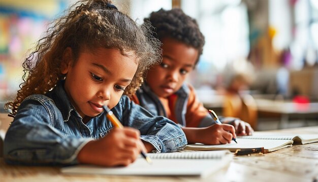 Photo portrait of cheerful smiling diverse schoolchildren standing posing in classroom holding notebooks