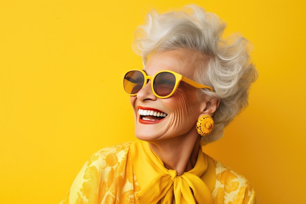 портрет веселой улыбающейся пожилой бабушки в очках на желтом фоне