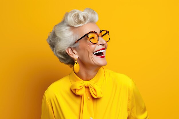 Portrait of a cheerful smiling elderly grandmother in glasses on a yellow background