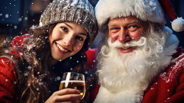 Portrait of a cheerful Snow Maiden and a Santa Claus on snowy background