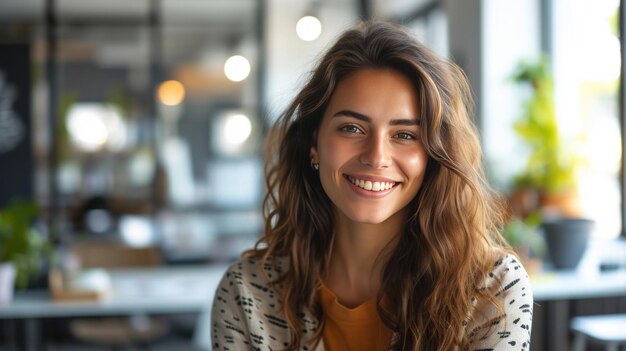 Photo portrait of a cheerful young businesswoman in her office facing the camera