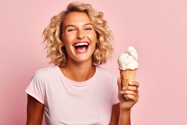 portrait of cheerful young caucasian woman in summer style holds delicious ice cream