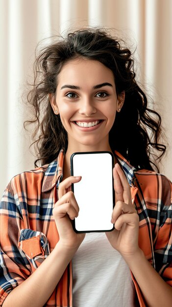 Photo portrait of cheerful young female using smartphone