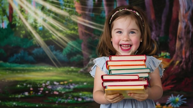 Foto ritratto di una giovane ragazza allegra che tiene in mano dei libri