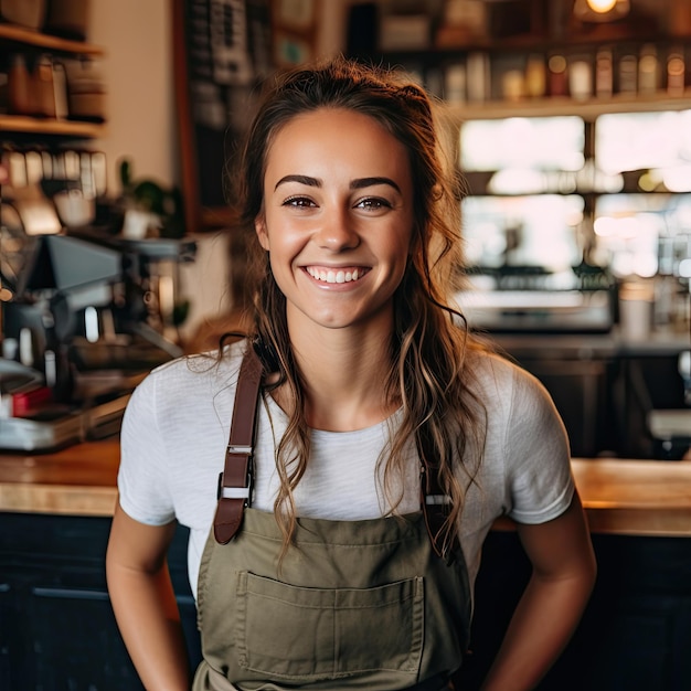 Portrait of a cheerful young girl working in a coffee shop Concept of working happy in a coffee shop