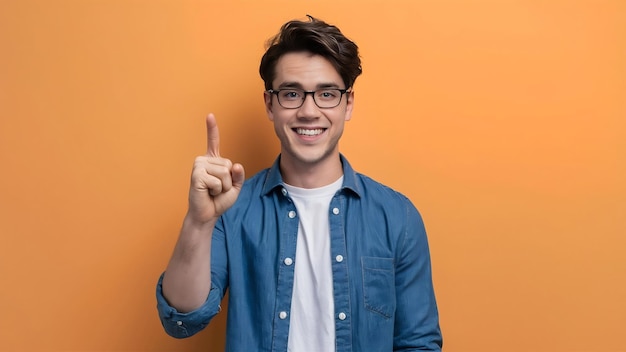 Portrait of cheerful young handsome man smiling pointing finger up