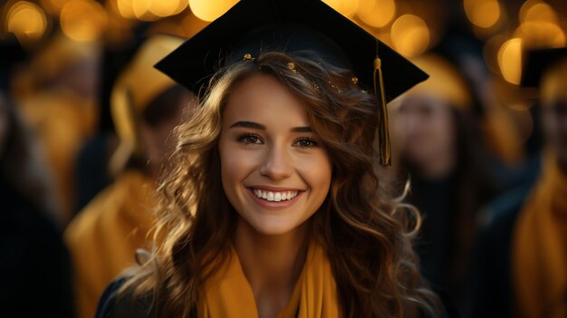 Portrait of cheerful young lady in graduation cap