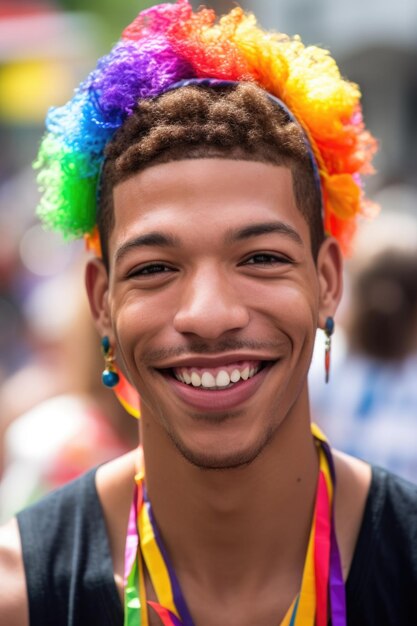 Portrait of a cheerful young man at the pride parade created with generative ai