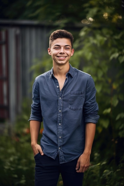 Portrait of a cheerful young man standing outdoors in the yard