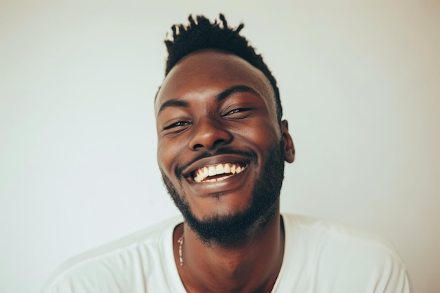 Portrait of a cheerful young man with a beard smiling against a white background