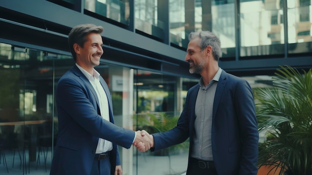 Photo portrait of cheerful young manager handshake with new employee copy space