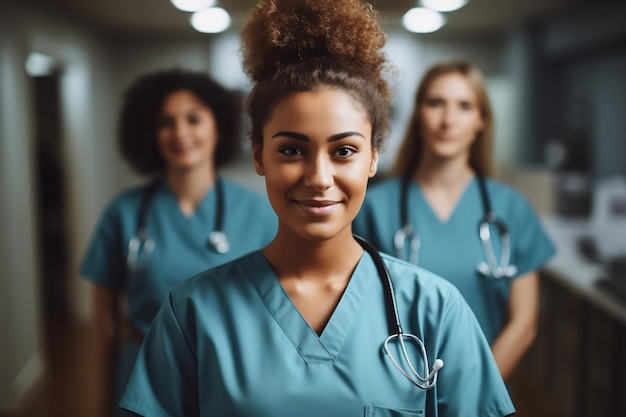 Portrait of a Cheerful Young Nurse Among Healthcare Professionals Generative AI