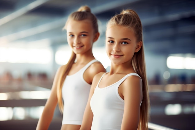 Portrait of cheerful young twin gymnasts in a gymnasium