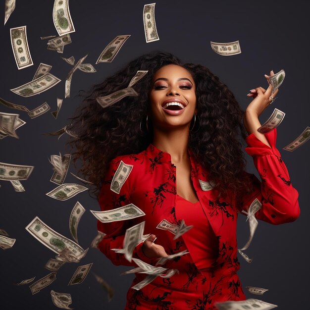 Portrait of a cheerful young woman holding money banknotes and celebrating isolated